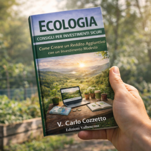 Una mano tiene in primo piano il libro “Guadagnare con l’Ecologia – Consigli per Investimenti Sicuri” davanti a un giardino verde illuminato dal sole. La copertina mostra un paesaggio naturale con un tavolo, un computer portatile, piante e denaro, simboli di un’attività sostenibile.